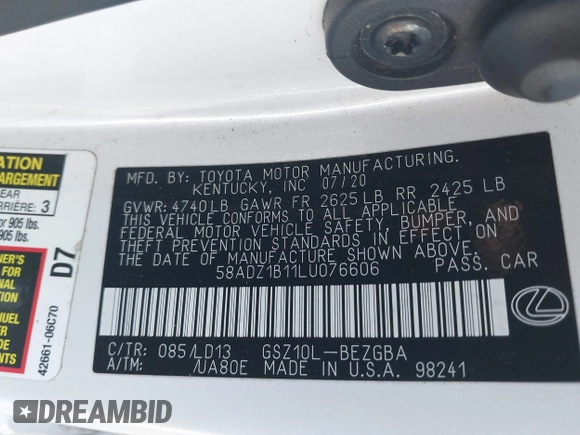 2020 Lexus ES with VIN 58ADZ1B11LU076606, listed as a IAAI auction lot 41274145 with 93,074 mi miles. Bid and sale history available at carsss.com. Image 9.
