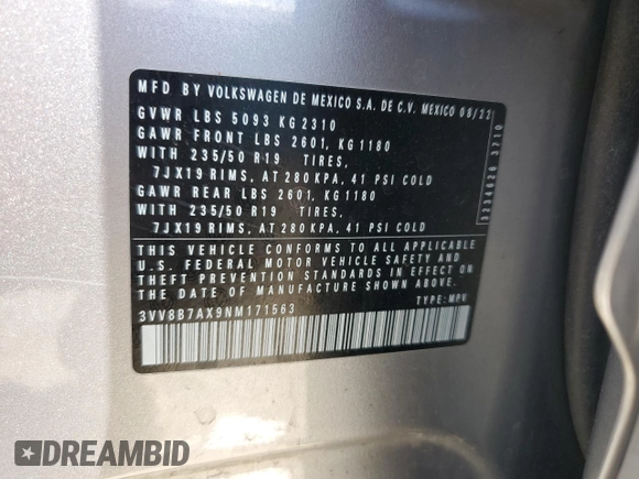 2022 Volkswagen Tiguan SE R-Line Black z VIN 3VV8B7AX9NM171563, wystawiony jako Copart lot #53090465 z przebiegiem 59 708 mil mil oraz Szkoda całkowita • Salvage title. Historia ofert i sprzedaży dostępna na DreamBid. Obrazek 14.