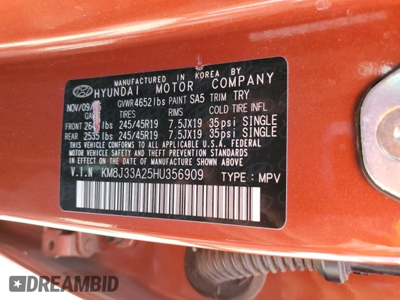 2017 Hyundai Tucson Sport z VIN KM8J33A25HU356909, wystawiony jako Copart lot #52573445 z przebiegiem 164 029 mil mil oraz Szkoda całkowita • Salvage title. Historia ofert i sprzedaży dostępna na DreamBid. Obrazek 12.