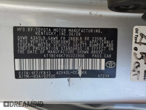 2009 Toyota Camry with VIN 4T1BE46K79U322906, listed as a Copart auction lot 52097395 with 136,363 mi miles and Salvage Title. Bid and sale history available at carsss.com. Image 12.