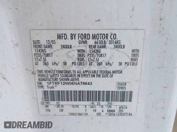2006 Ford F-150 XL with VIN 1FTRF12W06NA78643, listed as a IAAI auction lot 42656572 with 148,158 mi miles and . Bid and sale history available at DreamBid. Image 9.