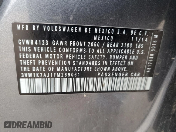 2015 Volkswagen Jetta S с VIN 3VW1K7AJ1FM269061, выставлен на аукционе Copart как лот 44226555 с пробегом 96 651 миль миль и Списание • Salvage title. История ставок и продаж доступна на DreamBid. Изображение 14.