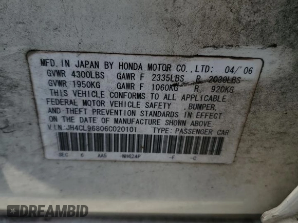 2006 Acura TSX with VIN JH4CL96806C020101, listed as a Copart auction lot 57510595 with 235,992 mi miles and Salvage title. Bid and sale history available at DreamBid. Image 12.