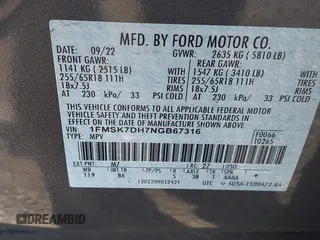 2022 Ford Explorer XLT с VIN 1FMSK7DH7NGB67316, выставлен на аукционе IAAI как лот 42144069 с пробегом 59 642 миль миль и . История ставок и продаж доступна на DreamBid. Изображение 9.