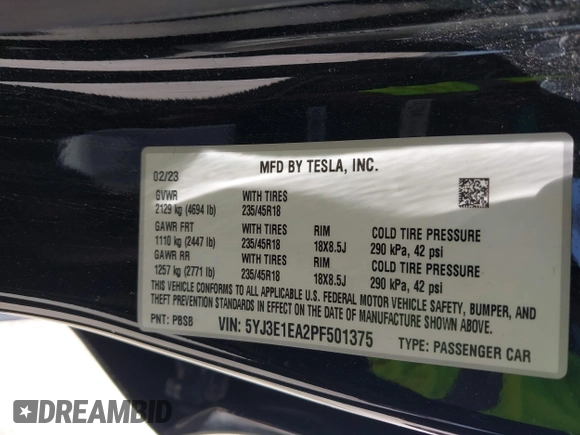 2023 Tesla Model 3 с VIN 5YJ3E1EA2PF501375, выставлен на аукционе IAAI как лот 42201543 с пробегом 39 440 миль миль и . История ставок и продаж доступна на DreamBid. Изображение 9.