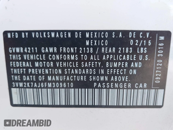 2015 Volkswagen Jetta S with VIN 3VW2K7AJ6FM309610, listed as a IAAI auction lot 42503253 with 125,170 mi miles and . Bid and sale history available at DreamBid. Image 9.