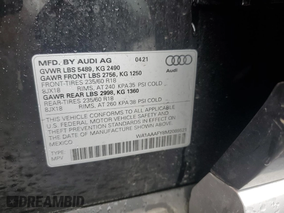 2021 Audi Q5 Premium z VIN WA1AAAFY8M2089521, wystawiony jako Copart lot #56720575 z przebiegiem 40 880 mil mil oraz Czysty tytuł • Clean title. Historia ofert i sprzedaży dostępna na DreamBid. Obrazek 12.