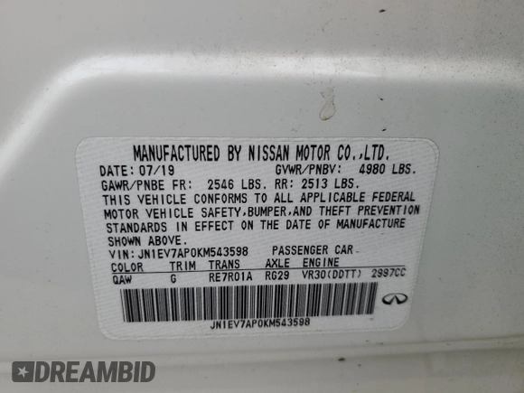 2019 Infiniti Q50 Luxe с VIN JN1EV7AP0KM543598, выставлен на аукционе Copart как лот 55528025 с пробегом 40 168 миль миль и Списание • Salvage title. История ставок и продаж доступна на DreamBid. Изображение 12.