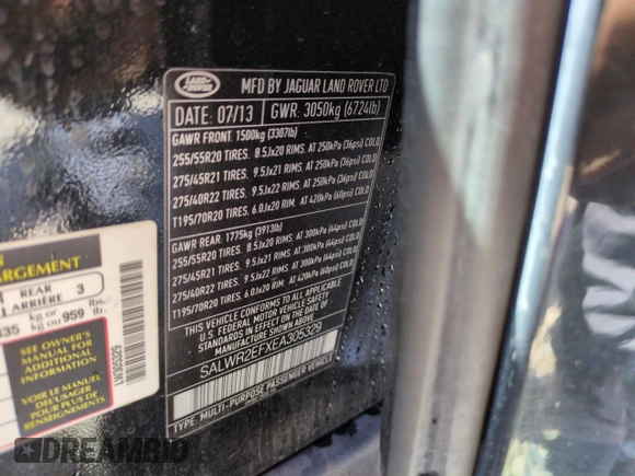 2014 Land Rover Range Rover Sport Supercharged with VIN SALWR2EFXEA305329, listed as a Copart auction lot 54799665 with 98,958 mi miles and Salvage title. Bid and sale history available at DreamBid. Image 12.