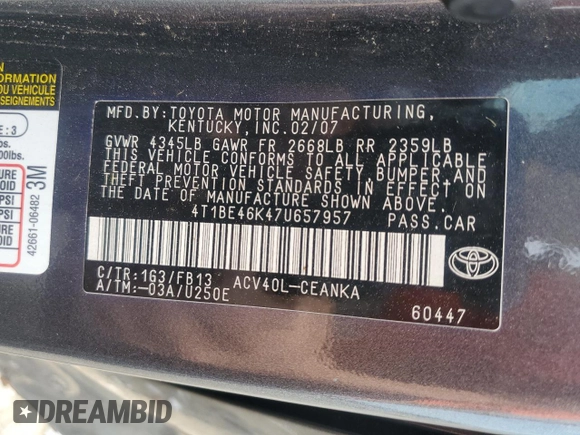 2007 Toyota Camry CE with VIN 4T1BE46K47U657957, listed as a Copart auction lot 55439875 with 237,144 mi miles and Salvage Title. Bid and sale history available at DreamBid. Image 12.