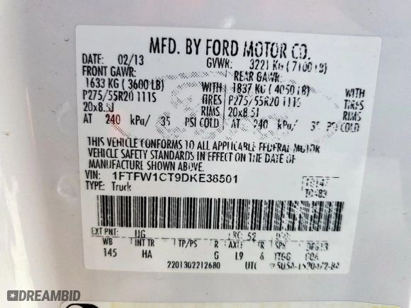2013 Ford F-150 XL with VIN 1FTFW1CT9DKE38501, listed as a Copart auction lot 51676765 with 194,949 mi miles and Salvage Title. Bid and sale history available at carsss.com. Image 12.