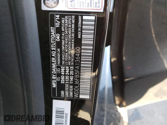 2015 Mercedes-Benz CLS-Class CLS 400 with VIN WDDLJ6FB5FA136400, listed as a Copart auction lot 62780582 with 124,661 mi miles. Bid and sale history available at carsss.com. Image 10.