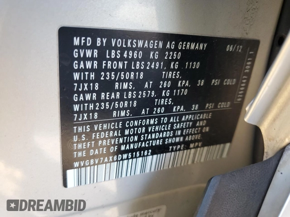 2013 Volkswagen Tiguan SE с VIN WVGBV7AX6DW515162, выставлен на аукционе Copart как лот 86622714 с пробегом 124 868 миль миль и На запчасти • Non repairable. История ставок и продаж доступна на DreamBid. Изображение 13.
