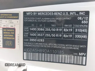 2013 Mercedes-Benz M 350 with VIN 4JGDA5HB9DA110185, listed as a IAAI auction lot 42563832 with 125,340 mi miles and . Bid and sale history available at DreamBid. Image 9.