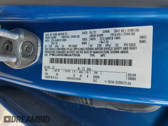 2021 Ford Escape SEL with VIN 1FMCU9H63MUA70536, listed as a Copart auction lot 59967975 with 79,389 mi miles and Salvage title. Bid and sale history available at DreamBid. Image 13.
