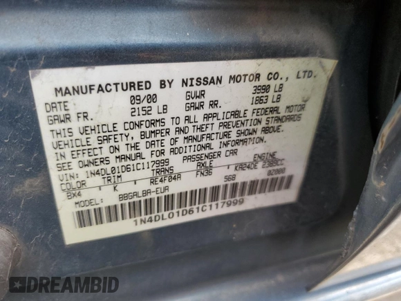 2001 Nissan Altima GXE with VIN 1N4DL01D61C117999, listed as a Copart auction lot 47282895 with 174,101 mi miles and Clean Title. Bid and sale history available at carsss.com. Image 12.