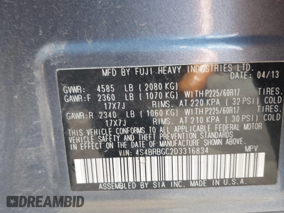 2013 Subaru Outback Premium with VIN 4S4BRBGC2D3316834, listed as a IAAI auction lot 41913662 with 135,938 mi miles and . Bid and sale history available at DreamBid. Image 9.