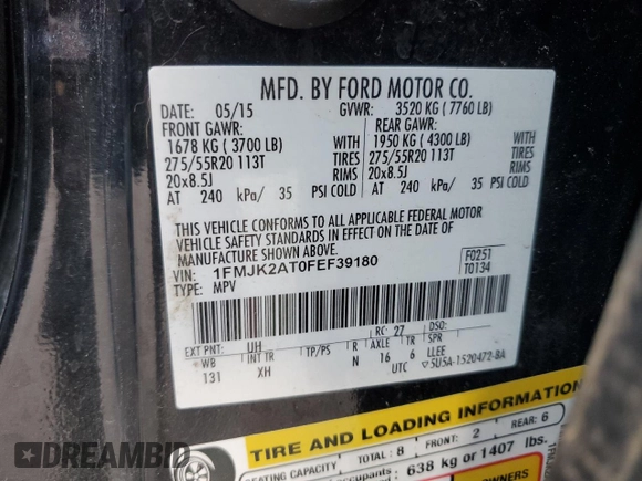 2015 Ford Expedition Max Limited z VIN 1FMJK2AT0FEF39180, wystawiony jako Copart lot #55620845 z przebiegiem 195 819 mil mil oraz Szkoda całkowita • Salvage title. Historia ofert i sprzedaży dostępna na DreamBid. Obrazek 14.