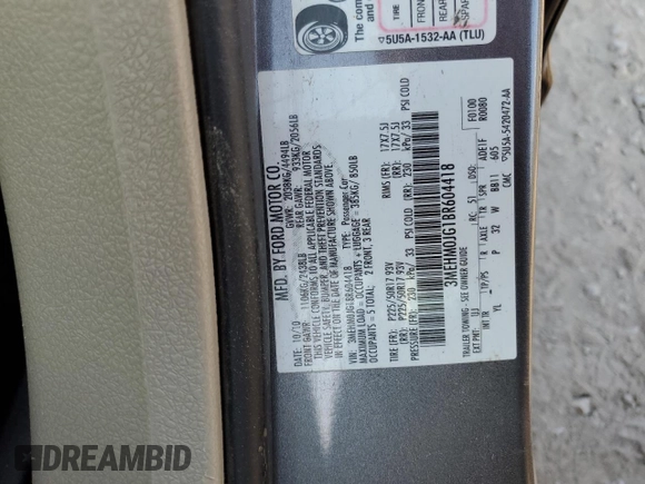 2011 Mercury Milan Premier with VIN 3MEHM0JG1BR604418, listed as a Copart auction lot 57985365 with 180,832 mi miles and Salvage title. Bid and sale history available at DreamBid. Image 12.
