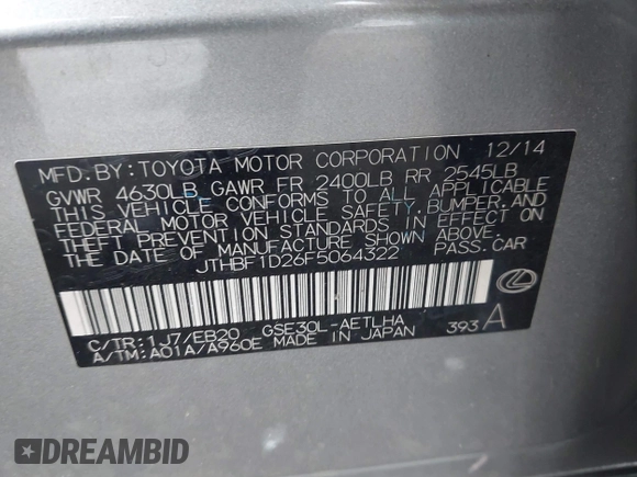 2015 Lexus IS 250 with VIN JTHBF1D26F5064322, listed as a IAAI auction lot 42421491 with 112,816 mi miles and . Bid and sale history available at DreamBid. Image 9.