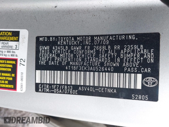 2010 Toyota Camry with VIN 4T1BF3EK3AU526440, listed as a IAAI auction lot 42176480 with 212,322 mi miles and . Bid and sale history available at DreamBid. Image 9.