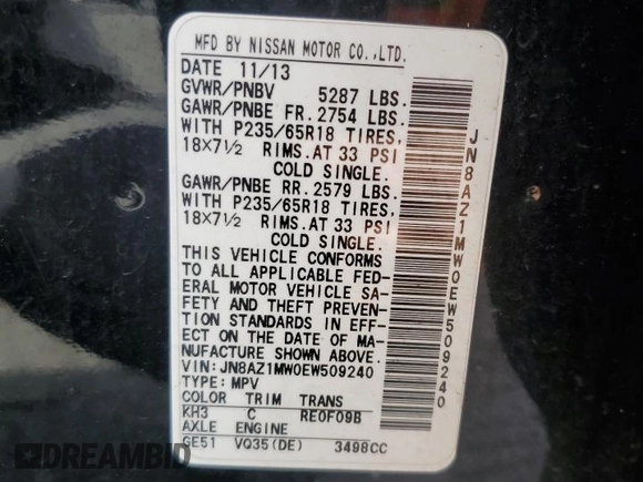 2014 Nissan Murano S with VIN JN8AZ1MW0EW509240, listed as a Copart auction lot 54170735 with 173,286 mi miles and Clean Title. Bid and sale history available at DreamBid. Image 12.