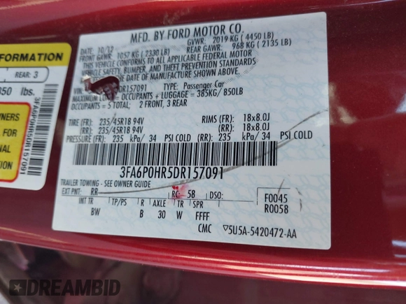 2013 Ford Fusion SE z VIN 3FA6P0HR5DR157091, wystawiony jako IAAI lot #42217010 z przebiegiem 107 478 mil mil oraz . Historia ofert i sprzedaży dostępna na DreamBid. Obrazek 9.
