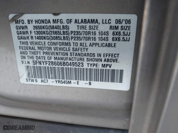 2006 Honda Pilot EX-L with RES with VIN 5FNYF28606B049523, listed as a IAAI auction lot 41736427 with 274,199 mi miles. Bid and sale history available at carsss.com. Image 9.