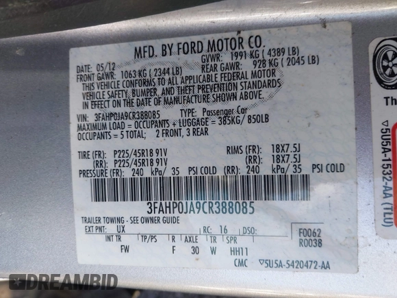 2012 Ford Fusion SEL with VIN 3FAHP0JA9CR388085, listed as a IAAI auction lot 41853893 with 174,008 mi miles. Bid and sale history available at carsss.com. Image 9.