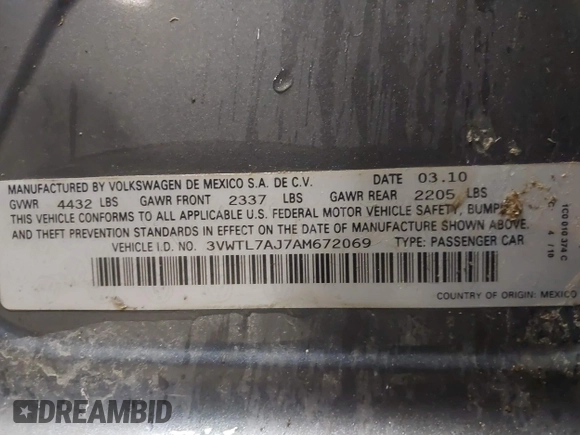 2010 Volkswagen Jetta TDI with VIN 3VWTL7AJ7AM672069, listed as a IAAI auction lot 41858880 with Not provided miles and . Bid and sale history available at DreamBid. Image 9.