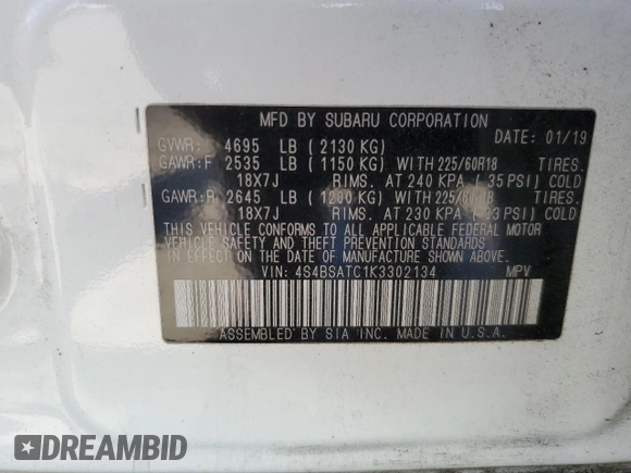 2019 Subaru Outback Touring with VIN 4S4BSATC1K3302134, listed as a Copart auction lot 62282944 with 85,251 mi miles and Salvage title. Bid and sale history available at DreamBid. Image 13.