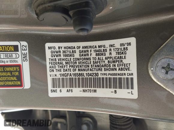 2006 Honda Civic LX with VIN 1HGFA16586L104230, listed as a IAAI auction lot 42215822 with 128,704 mi miles and . Bid and sale history available at DreamBid. Image 9.