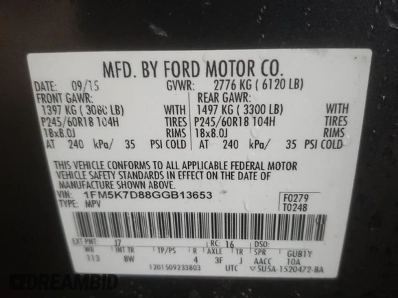 2016 Ford Explorer XLT with VIN 1FM5K7D88GGB13653, listed as a Copart auction lot 44634525 with 168,225 mi miles and Salvage Title. Bid and sale history available at DreamBid. Image 14.