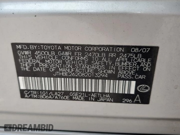 2008 Lexus IS 350 with VIN JTHBE262082013294, listed as a Copart auction lot 86471464 with Not provided miles and Non repairable. Bid and sale history available at DreamBid. Image 12.