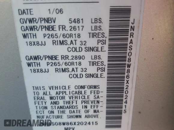 2006 Infiniti FX with VIN JNRAS08W86X202415, listed as a Copart auction lot 83465124 with 245,238 mi miles and Clean title. Bid and sale history available at DreamBid. Image 14.