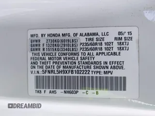 2015 Honda Odyssey Touring Elite with VIN 5FNRL5H9XFB102222, listed as a IAAI auction lot 42485059 with 123,562 mi miles and . Bid and sale history available at DreamBid. Image 9.