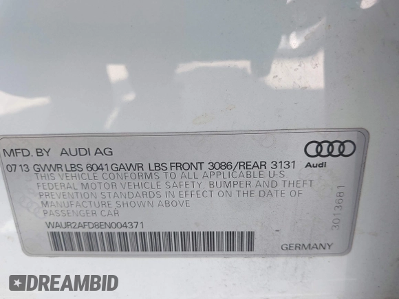 2014 Audi A8 4.0T with VIN WAUR2AFD8EN004371, listed as a IAAI auction lot 42693492 with 159,405 mi miles and . Bid and sale history available at DreamBid. Image 9.