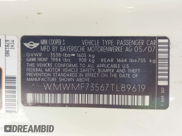 2007 MINI Hardtop S with VIN WMWMF73567TL89619, listed as a IAAI auction lot 42807828 with 201,371 mi miles and . Bid and sale history available at DreamBid. Image 9.