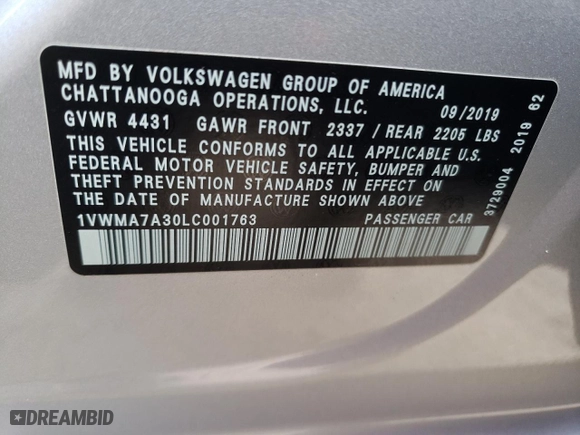 2020 Volkswagen Passat 2.0T R-Line with VIN 1VWMA7A30LC001763, listed as a Copart auction lot 41653743 with 15,585 mi miles. Bid and sale history available at carsss.com. Image 12.