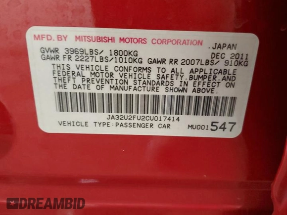 2012 Mitsubishi Lancer ES with VIN JA32U2FU2CU017414, listed as a Copart auction lot 59933784 with 41,405 mi miles and Salvage Title. Bid and sale history available at carsss.com. Image 14.