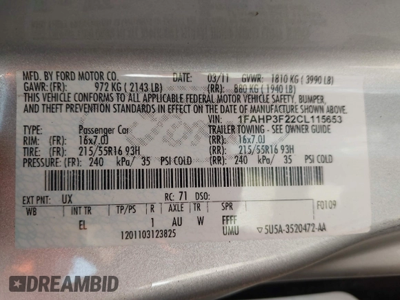 2012 Ford Focus SE with VIN 1FAHP3F22CL115653, listed as a IAAI auction lot 42380304 with 192,639 mi miles and . Bid and sale history available at DreamBid. Image 9.