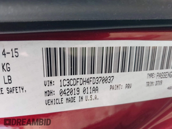 2015 Dodge Dart Aero with VIN 1C3CDFDH4FD370037, listed as a IAAI auction lot 41612534 with 65,098 mi miles. Bid and sale history available at carsss.com. Image 9.