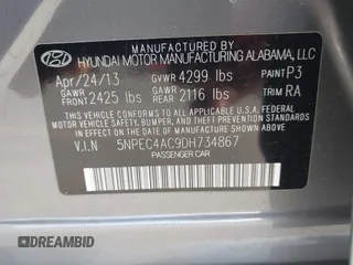 2013 Hyundai Sonata Limited with VIN 5NPEC4AC9DH734867, listed as a IAAI auction lot 41434287 with 196,721 mi miles and . Bid and sale history available at DreamBid. Image 9.