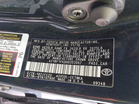 2017 Toyota Camry XLE with VIN 4T1BF1FK0HU353067, listed as a IAAI auction lot 41824576 with 112,409 mi miles. Bid and sale history available at carsss.com. Image 9.
