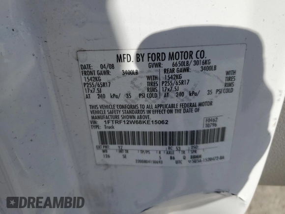 2008 Ford F-150 XL with VIN 1FTRF12W68KE15062, listed as a Copart auction lot 48682365 with 141,789 mi miles and Salvage title. Bid and sale history available at DreamBid. Image 12.