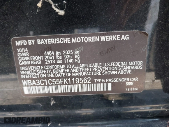 2015 BMW 3 Series 328i with VIN WBA3C1C55FK119562, listed as a IAAI auction lot 41945606 with 51,922 mi miles and . Bid and sale history available at DreamBid. Image 9.
