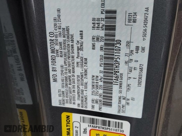 2023 Ford Mustang EcoBoost with VIN 1FA6P8TH3P5110730, listed as a Copart auction lot 59754905 with 31,477 mi miles and Salvage title. Bid and sale history available at DreamBid. Image 12.