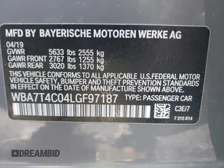 2020 BMW 7 Series 740i xDrive with VIN WBA7T4C04LGF97187, listed as a IAAI auction lot 42505343 with 70,709 mi miles and . Bid and sale history available at DreamBid. Image 9.