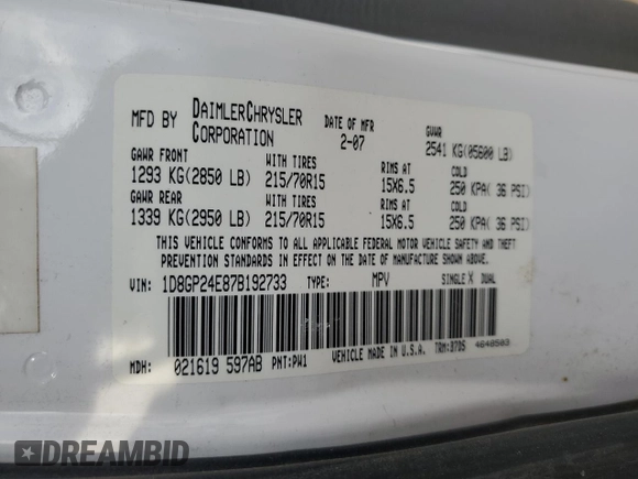 2002 Dodge Caravan with VIN 1D8GP24E87B192733, listed as a Copart auction lot 75560784 with 221,878 mi miles and Non repairable. Bid and sale history available at DreamBid. Image 13.