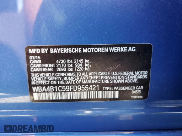 2015 BMW 4 Series 435i with VIN WBA4B1C59FD955421, listed as a Copart auction lot 56347345 with 42,922 mi miles and Salvage title. Bid and sale history available at DreamBid. Image 12.